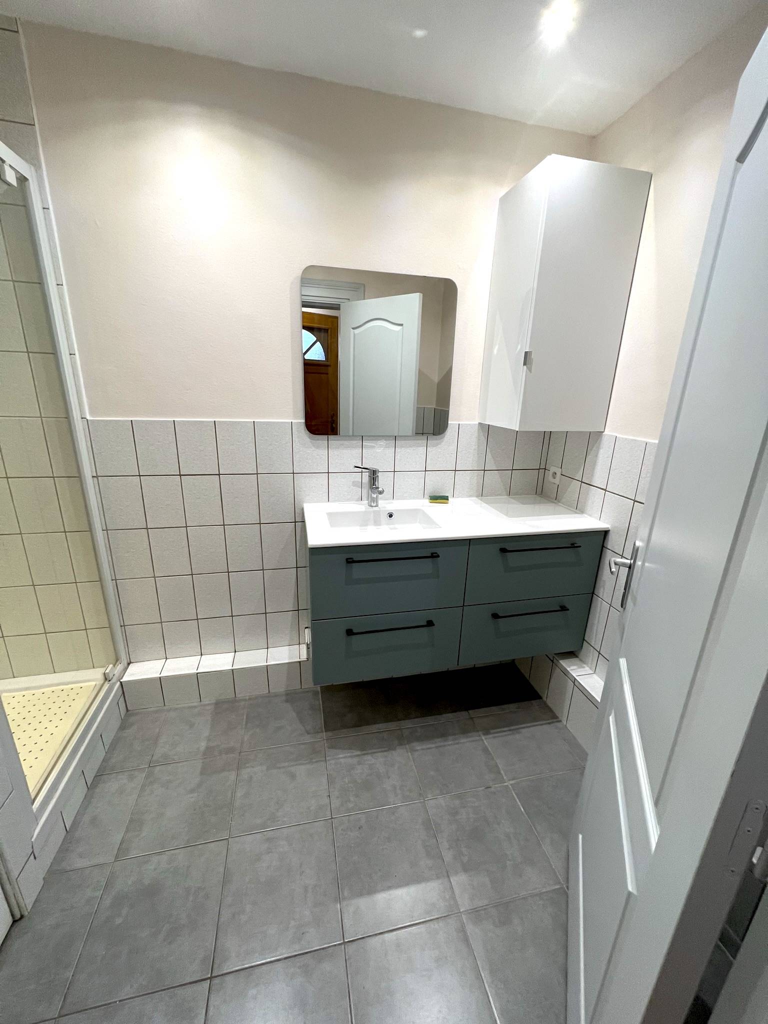 Appartement avec salle de bain équipée d'une douche et d'un meuble vasque à louer à Strasbourg